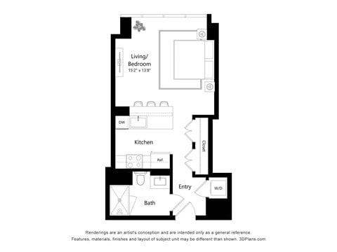 Floor plan for studio, 1 bath, 481 sqft